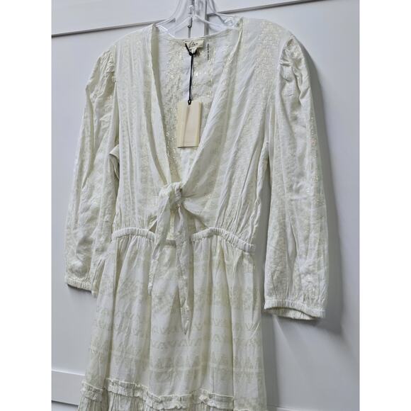 Womens Elan White Gold Metallic Knot 3/4 Puff Sleeve Ruffle Cottage Boho Dress - Picture 3 of 6